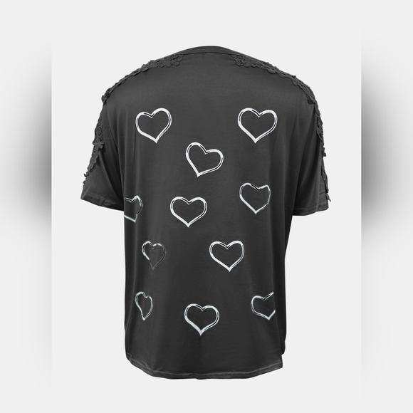 Full Size Lace Detail Heart Round Neck Short Sleeve Top - Picture 3 of 5